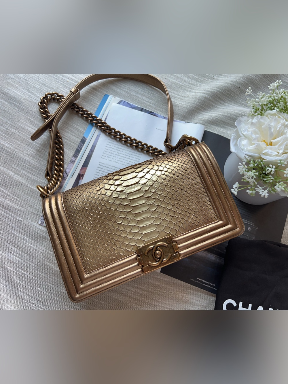 Chanel Metallic Gold Python and Leather Medium Boy Flap Bag
